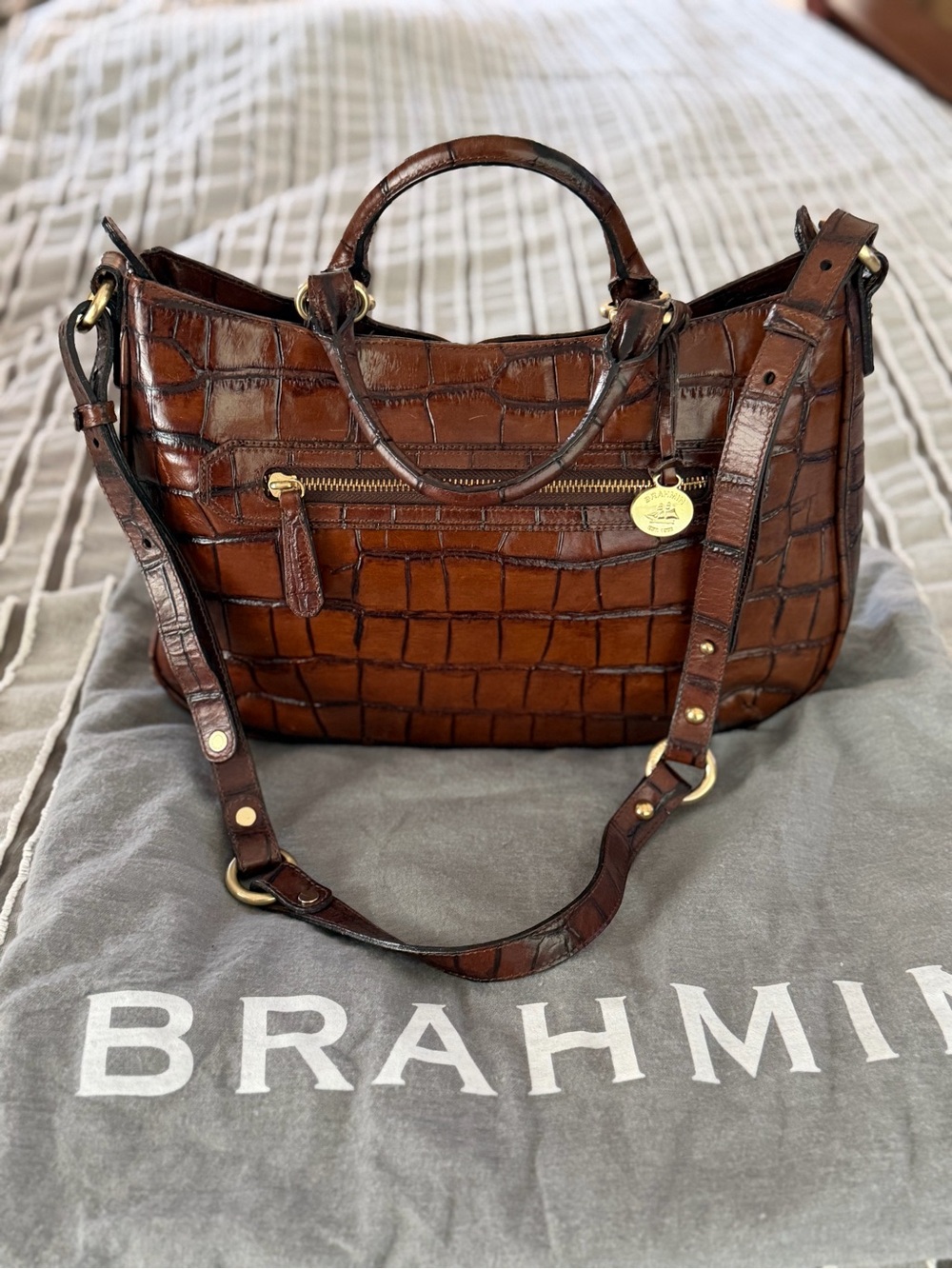 Brahmin Cognac Croc-Embossed Leather Satchel w/ Adjustable Strap & dust bag.